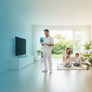 Man in white using a tablet in a bright living room with family behind him.