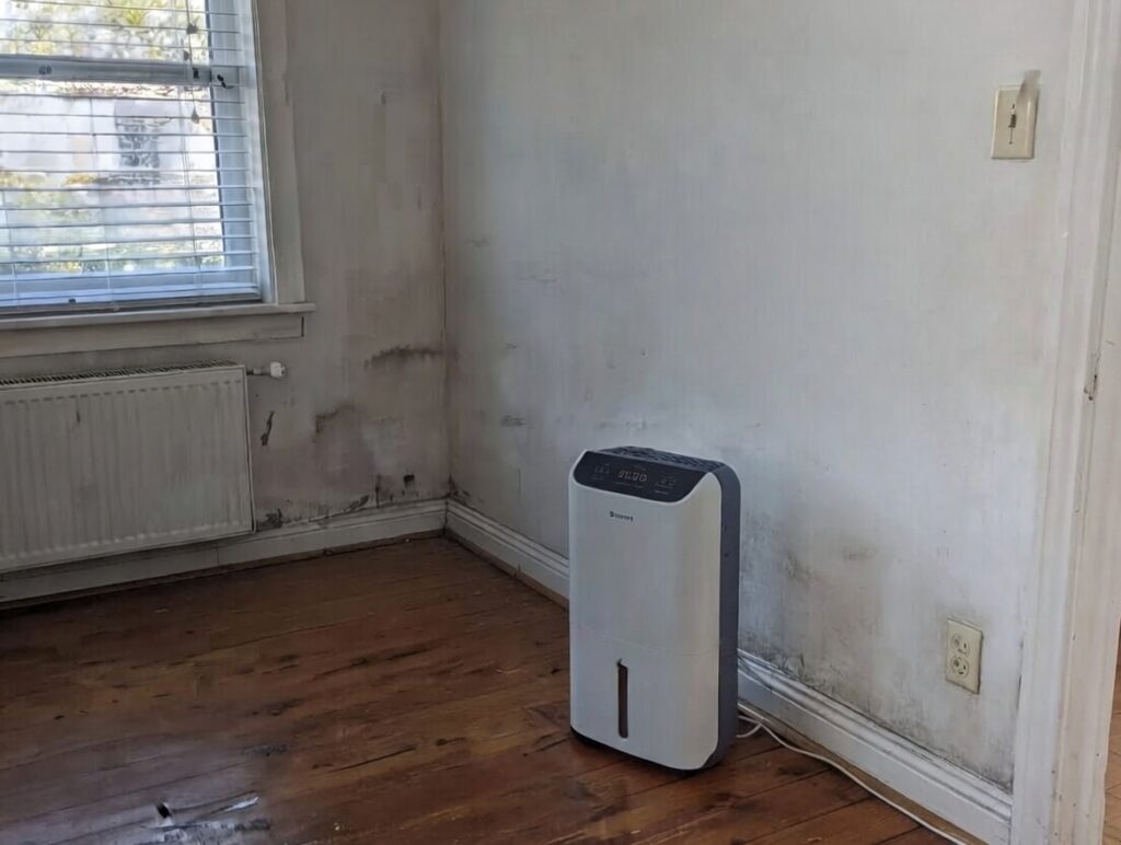 Living room with dehumidifier, hygrometer at low humidity, and moisture meter – preventing hidden mould and damp
