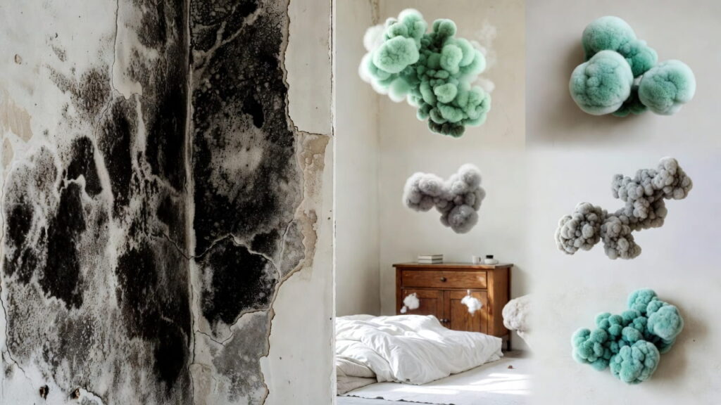 Black mould on cracked bedroom wall with floating green and grey mould clusters showing different types