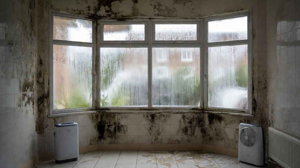 Black mould and condensation on windows in damp UK home