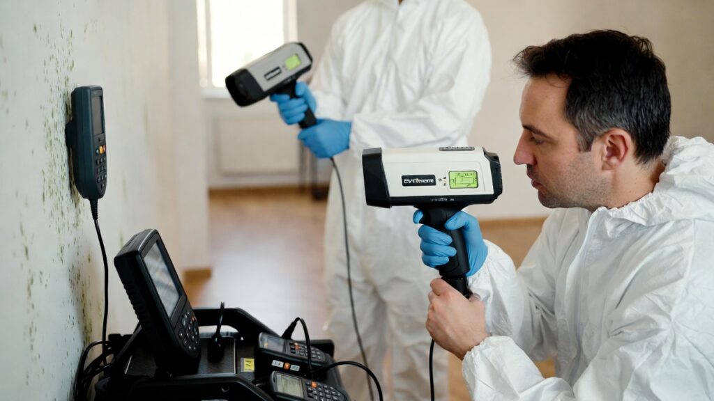Professional mould inspector using thermal imaging camera to detect hidden moisture and mould behind wall in home inspection
