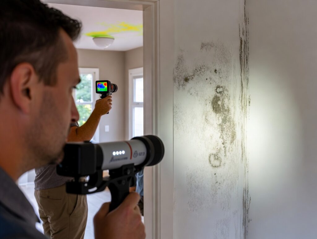 Professional mould inspection process showing thermal imaging, boroscope, air sampling spore trap, and surface swab sampling in home