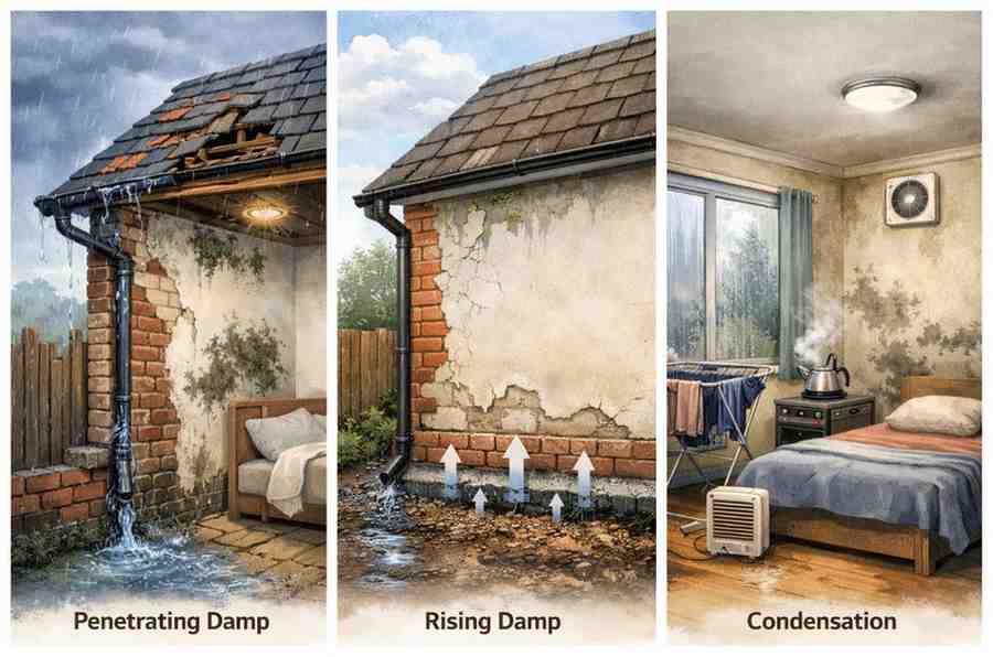 Three home damp types: roof leaks, moisture rising through walls, and indoor condensation with mold.