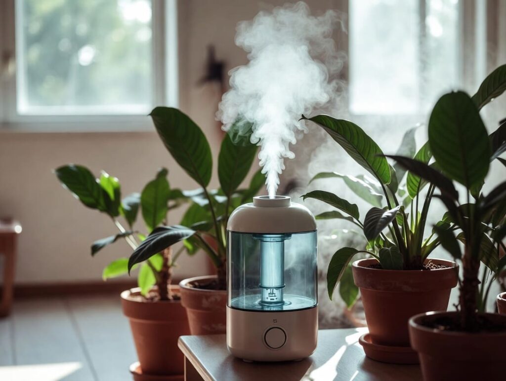 Modern humidifier releasing mist among lush green houseplants in a cozy room
