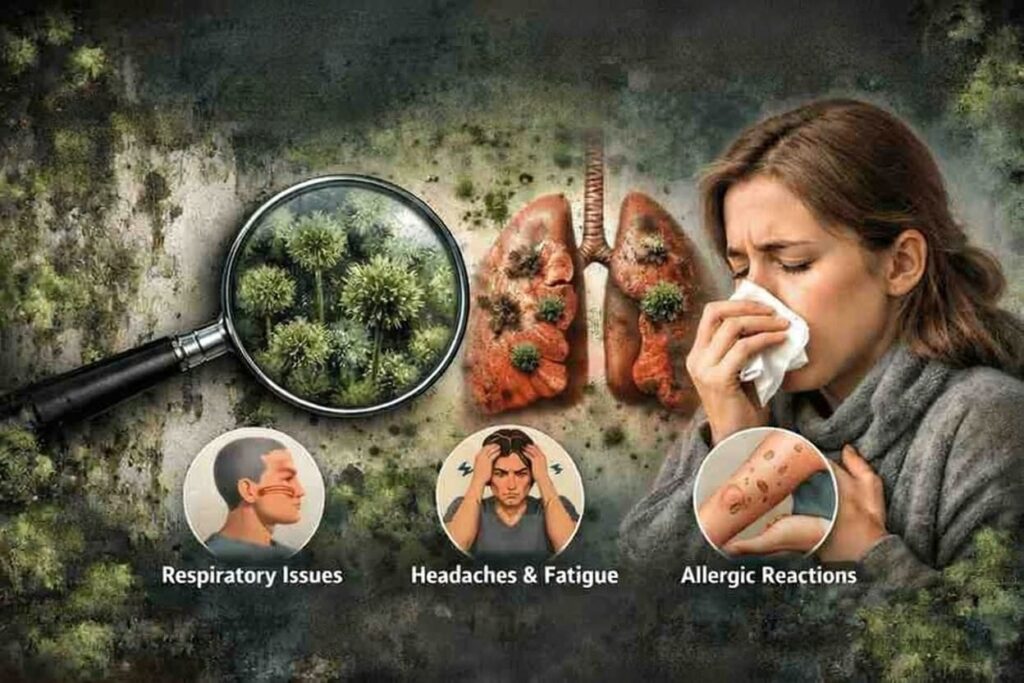 Mould exposure: spores on damp walls, lung inflammation, and sneezing.