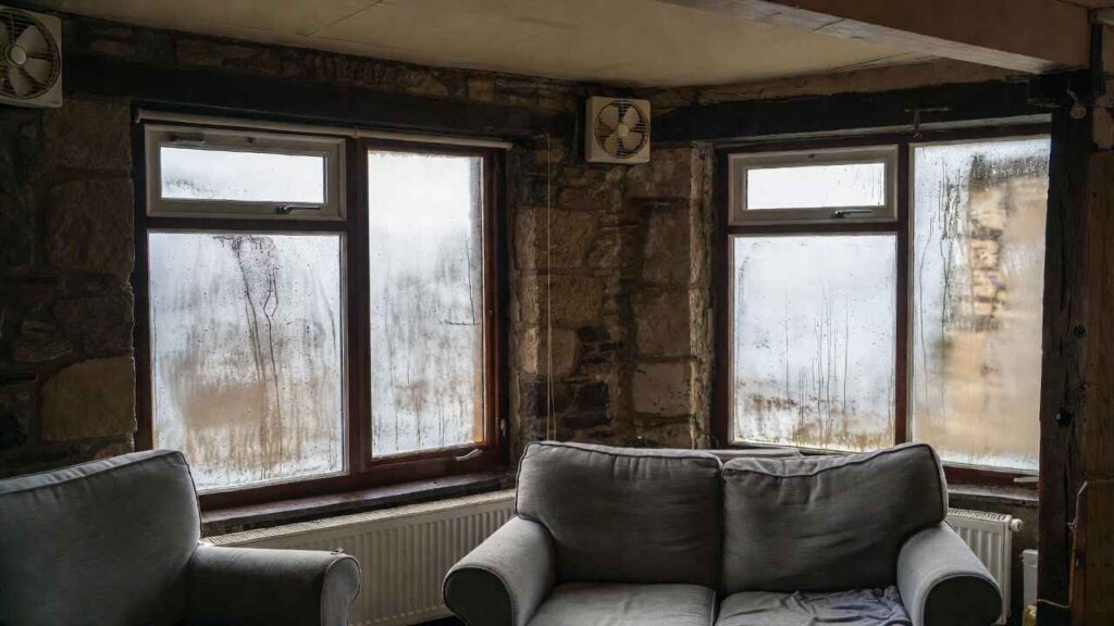 Condensation on windows in older UK stone cottage living room with visible damp walls and poor ventilation
