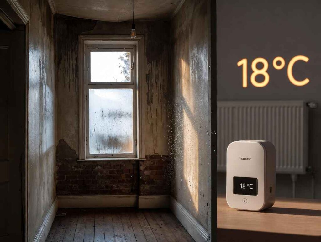 Constant 18°C heating preventing condensation on walls in older UK home – before and after comparison