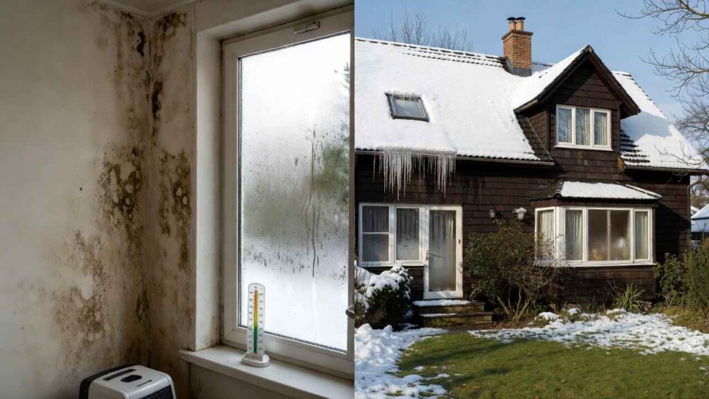 Winter vs summer mould: condensation and black mould on window vs snowy house exterior showing seasonal risks