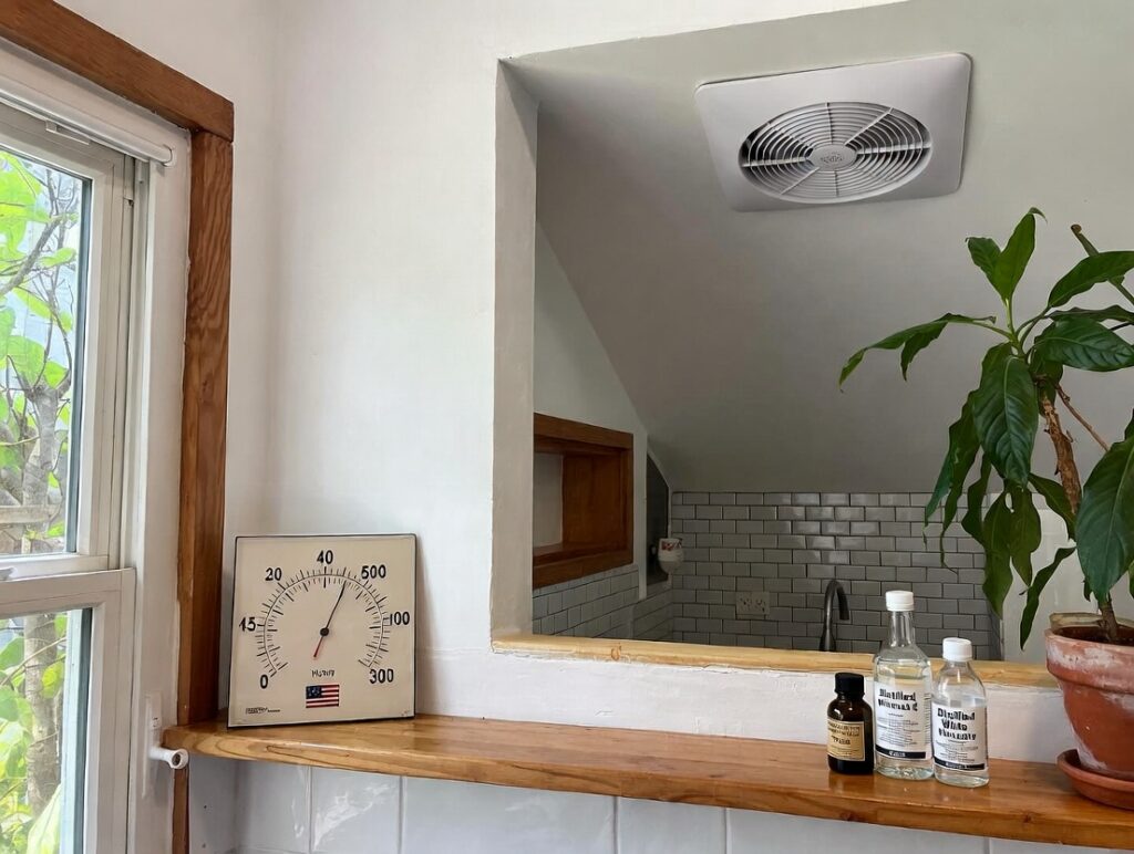 Clean modern bathroom with dehumidifier, exhaust fan, hygrometer at 40%, vinegar and tea tree oil on counter
