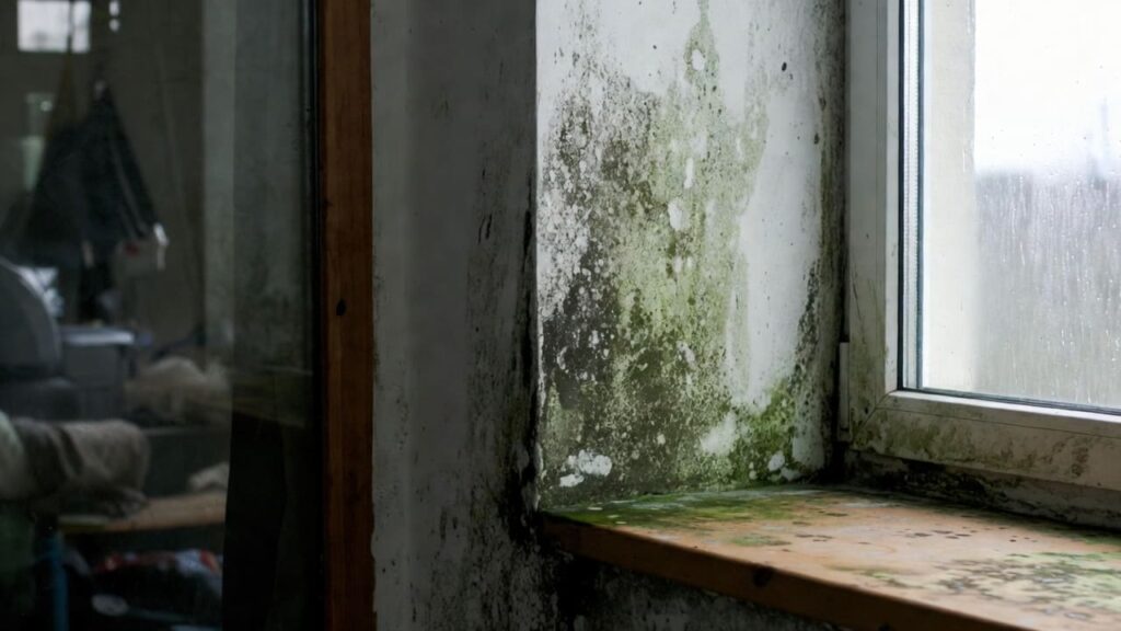Black mould and green mold growing on a damp window sill and wall in a residential room, illustrating poor indoor air quality and moisture problems