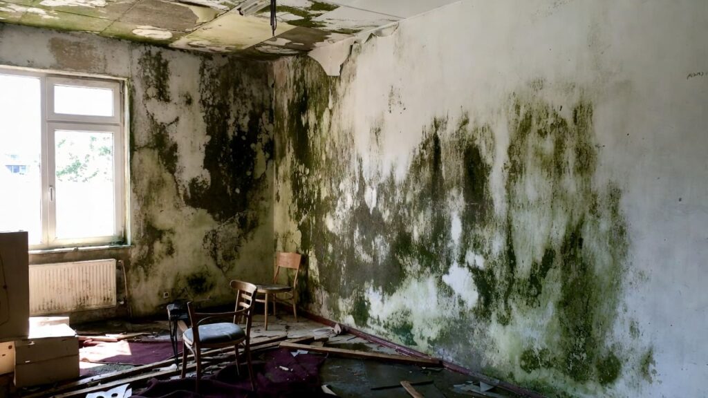 An abandoned, derelict room with extensive green and black mold covering the white walls and ceiling.