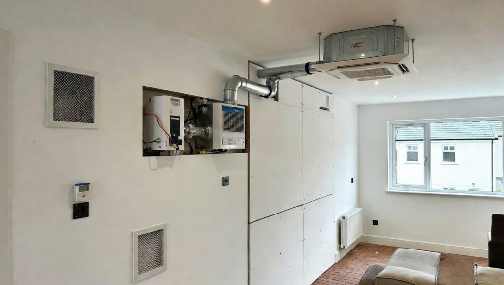 Modern home interior with installed MEV and positive input ventilation system to prevent mould and condensation