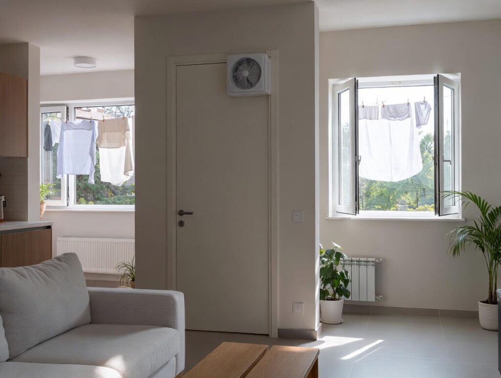 Modern living room with open windows for cross-ventilation and outdoor clothes drying to prevent mould
